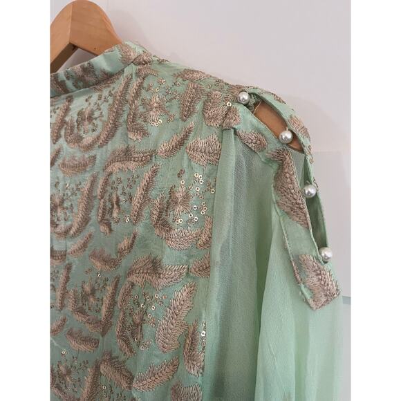 Agha Noor Embroidered Pearl Accents Chiffon Light Green Pistachio Top Sz Medium - Picture 6 of 10